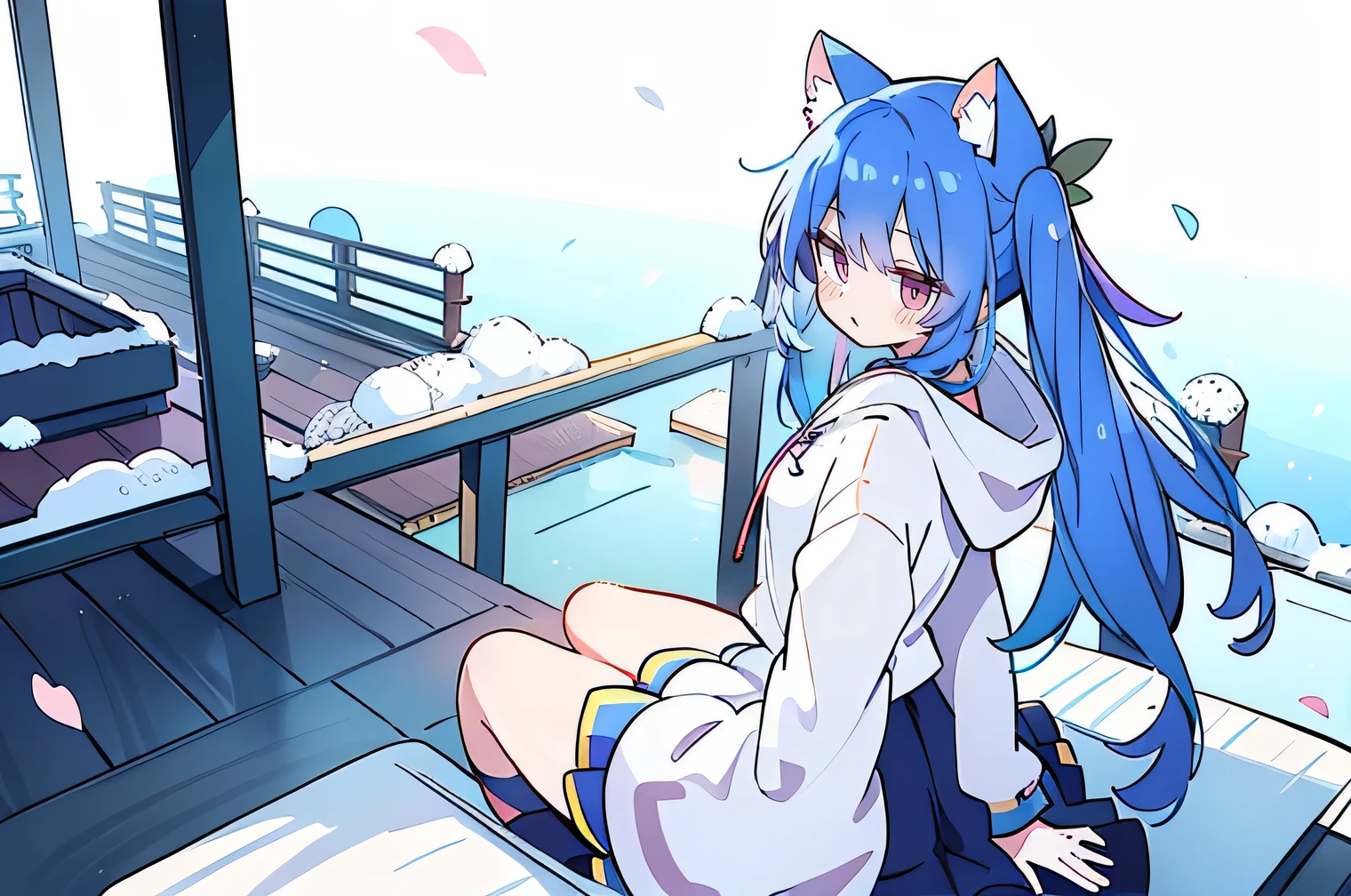 (masterpiece:1.2),Super detailed,lifelike,Expressive eyes,fair skin,perfect face shape,1 girl,
Japanese comics,Gorgeous blue hair,flowing blue hair,flowing clothes,Cat ears,Petals fall,beautiful lola,Baby Angel,
Shaking head with one hand,Cross your legs,Gentle and peaceful background,The pavilion is cool and comfortable,smile, wearing hoodie, background of tokyo,back views,snowing, winter.