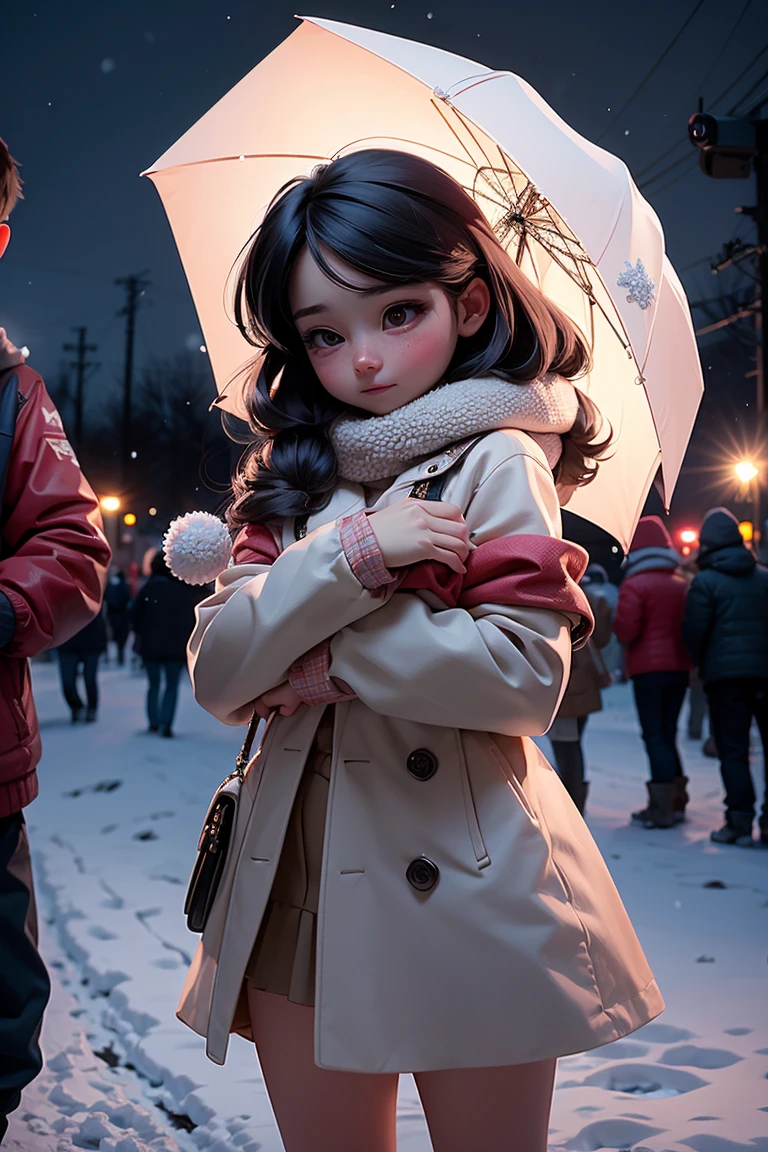 (masterpiece, best quality), A girl in winter clothes swoops to hug a boy in a summer T-shirt，outdoor，Night view，Camera looking down from the air，snow，Large snowflakes，Street Lights，Outside the concert，Short skirt, only，whole body，panoramic，Vision，