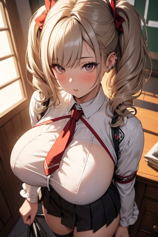 ((masterpiece,intricate details)),realistic, photorealistic,1girl,mature female,brown eyes,blush,
Voluminous afro,,silver hair,
:o,
large breasts,
thick thighs,
put one's legs together:1.2,
,
necktie,
pleated skirt,
white legwear,
wedge heels,
,rainforest,cumulonimbus,((upper body)),
from above,
depth of field,looking at viewer, Table, Beautiful woman, , Japanese, Underbust, piercings, Clipping-fc, Bright blonde hair, Curly pigtails, classroom, uniform, big breast