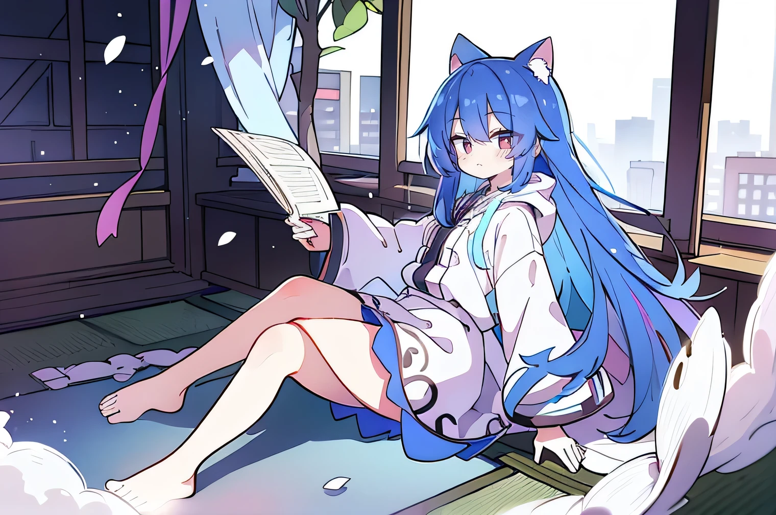 (masterpiece:1.2),Super detailed,lifelike,Expressive eyes,fair skin,perfect face shape,1 girl,
Japanese comics,Gorgeous blue hair,flowing blue hair,flowing clothes,Cat ears,Petals fall,beautiful lola,Baby Angel,
Shaking head with one hand,Cross your legs,Gentle and peaceful background,The pavilion is cool and comfortable,smile, wearing hoodie, background of tokyo,back views,snowing, winter.