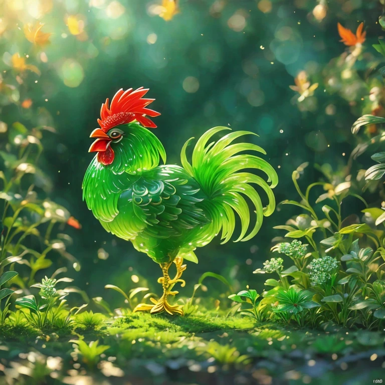 best quality, very good, 16K, ridiculous, Very detailed, Beautiful rooster，Made of translucent jadeite, Background grassland（（A masterpiece full of fantasy elements）））， （（best quality））， （（Intricate details））（8K）（HD）