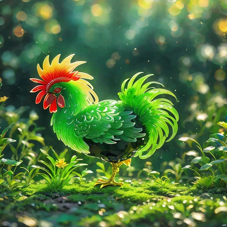 best quality, very good, 16K, ridiculous, Very detailed, Beautiful rooster，Made of translucent jadeite, Background grassland（（A masterpiece full of fantasy elements）））， （（best quality））， （（Intricate details））（8K）（HD）