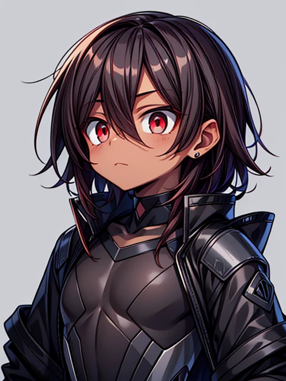 dark skin, male, ((short dark brown hair)), big red eyes and a very androgynous face, wearing a black exoskeleton bodysuit and a long black coat taimanin with sliver accent, black armoured taimanin_suit,
