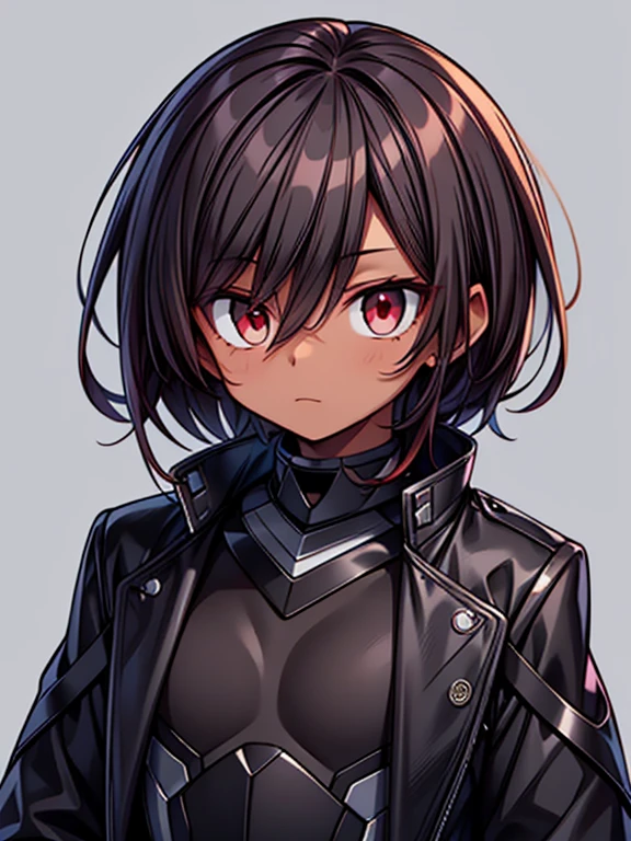 dark skin, male, ((short dark brown hair)), big red eyes and a very androgynous face, wearing a black exoskeleton bodysuit and a long black coat taimanin with sliver accent, black armoured taimanin_suit,