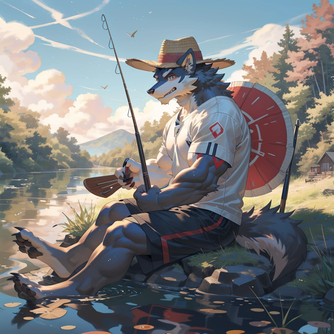 human nature(Wolf),(Cinnabar:1.2),Tail,((whole body,grey body, White fluffy, Black Hand, black foot, Gray face,finger,Then,Tail )),(((fishing rod))),muscular, (fishing rods through hat) Detailed hands, Sharp Teeth, river, ((Sitting in a canoe)), fishing, ((straw hat)) , fishing rod, nipple, shorts, whole body, (author：Empty Ghost,From raccoon21,masterpiece,high quality)