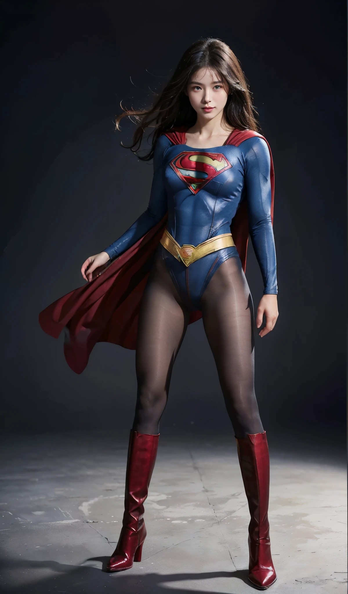 No background、(((Beautiful legs in black tights.)))、(((Legally express the beauty of your smile)))、((((Make the most of your original images)))、(((Supergirl Costume)))、(((Beautiful Hair)))、(((suffering)))、(((Please wear black tights....、Wear red boots)))、((Best image quality、8k))、((highest quality、8k、masterpiece:1.3))、(((Preserve background )))、Sharp focus:1.2、Beautiful woman with perfect figure:1.4、Slim Abs:1.2、Wet body:1.5、Highly detailed face and skin texture、8k