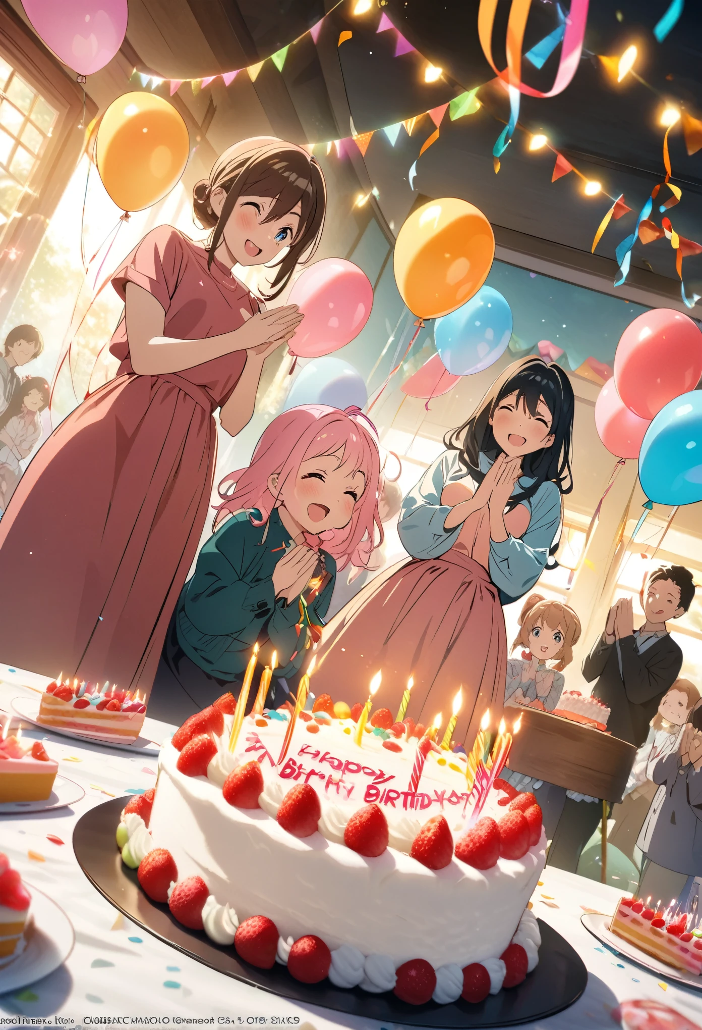 cover page, anime key visual, highres, top quality, best quality, paid reward available, High-quality illustrations, unparalleled masterpiece, perfect artwork, absurdres(A family at a birthday party, blowing out candles on a birthday cake)(room decorated with balloons and streamers, festive and colorful atmosphere)(kemono parents of diverse descents smiling and clapping)perfect anatomy, cake with candles and colorful icing, joyful and celebratory mood, special family moment, fan-created work shared on platforms Pixiv or Twitter, cinematic lighting, dynamic angle,