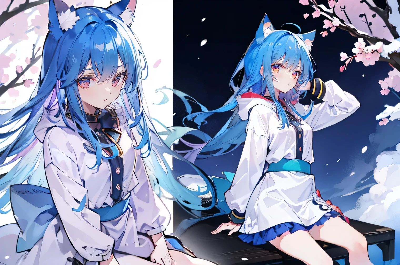（masterpiece：1.2），Super detailed，lifelike，Expressive eyes，fair skin，perfect face shape，1 girl，
Japanese comics,Gorgeous blue hair,flowing blue hair,flowing clothes,Cat ears,Petals fall,beautiful lola,Baby Angel,
Shaking head with one hand，Cross your legs，Gentle and peaceful background，The pavilion is cool and comfortable,smile, wearing hoodie, background of tokyo,back views,snowing, winter.
