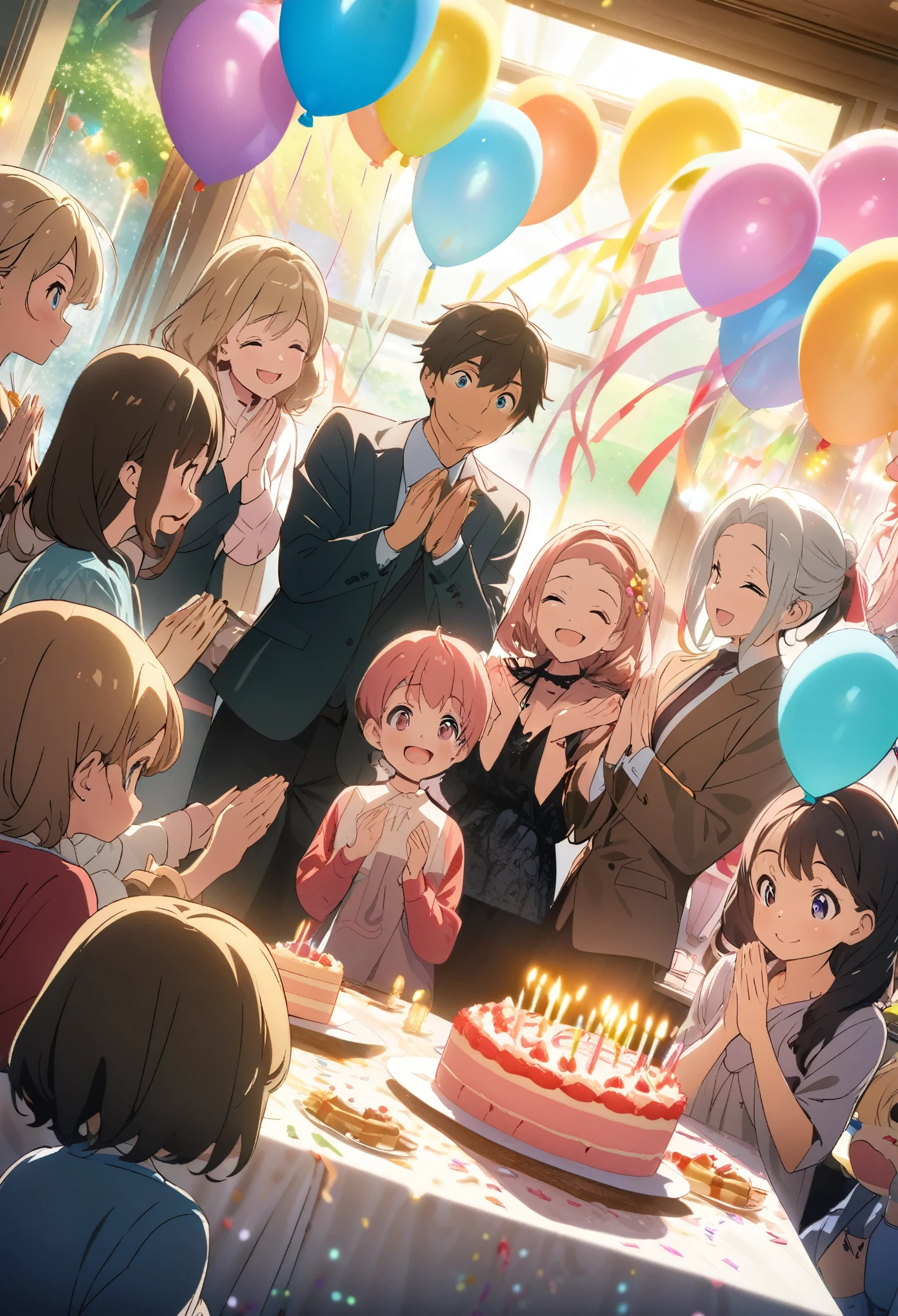 cover page, anime key visual, highres, top quality, best quality, paid reward available, High-quality illustrations, unparalleled masterpiece, perfect artwork, absurdres(A family at a birthday party, blowing out candles on a birthday cake)(room decorated with balloons and streamers, festive and colorful atmosphere)(kemono parents of diverse descents smiling and clapping)perfect anatomy, cake with candles and colorful icing, joyful and celebratory mood, special family moment, fan-created work shared on platforms Pixiv or Twitter, cinematic lighting, dynamic angle,