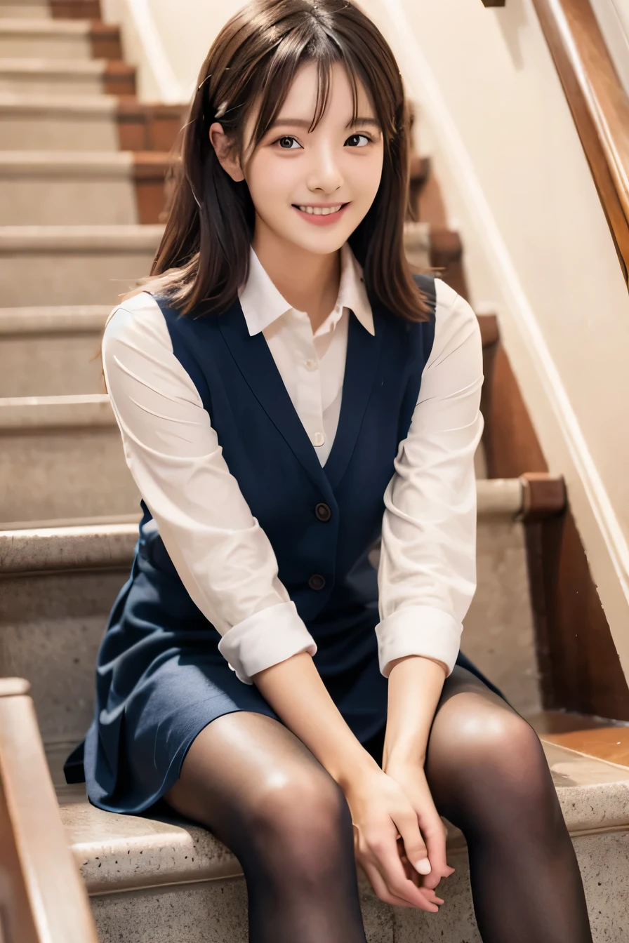 Ulzzang-6500-v1.1, (RAW Photos:1.2), (Photorealistic), (Genuine:1.4), １girl、Perfect ???????、Sit on the stairs、Full body photo、Looking at the camera、Black tights、pumps、skirt、Black Hair、smile、Checked vest vest、、

