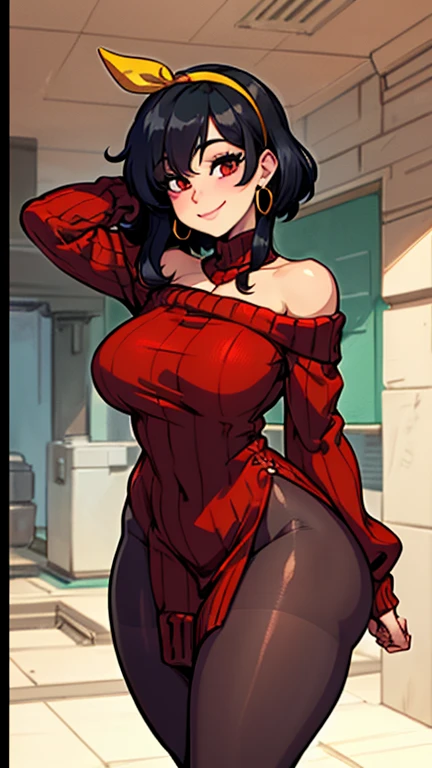 (close-up:1.2), (cute:1.3), (nervous:1.4), (head fully in frame:1.3), (beautiful face:1.5), looking at viewer, (smile:1.3), playing with own hair, closed mouth, upbeat mood, (blush:1.2), beautiful eyes, curvy, (large breasts:1.3), (wide hips:1.1), narrow waist, (cute:1.4), adjusting clothes, rizdraws, thick lineart, (film grain:1.2), (semi-traditional artstyle:1.3),
bbyorf, (black hair:1.3), short hair with long locks, white hairband, red eyes, gold earrings, jewelry, off shoulder, red sweater, sweater dress, long sleeves, black pantyhose