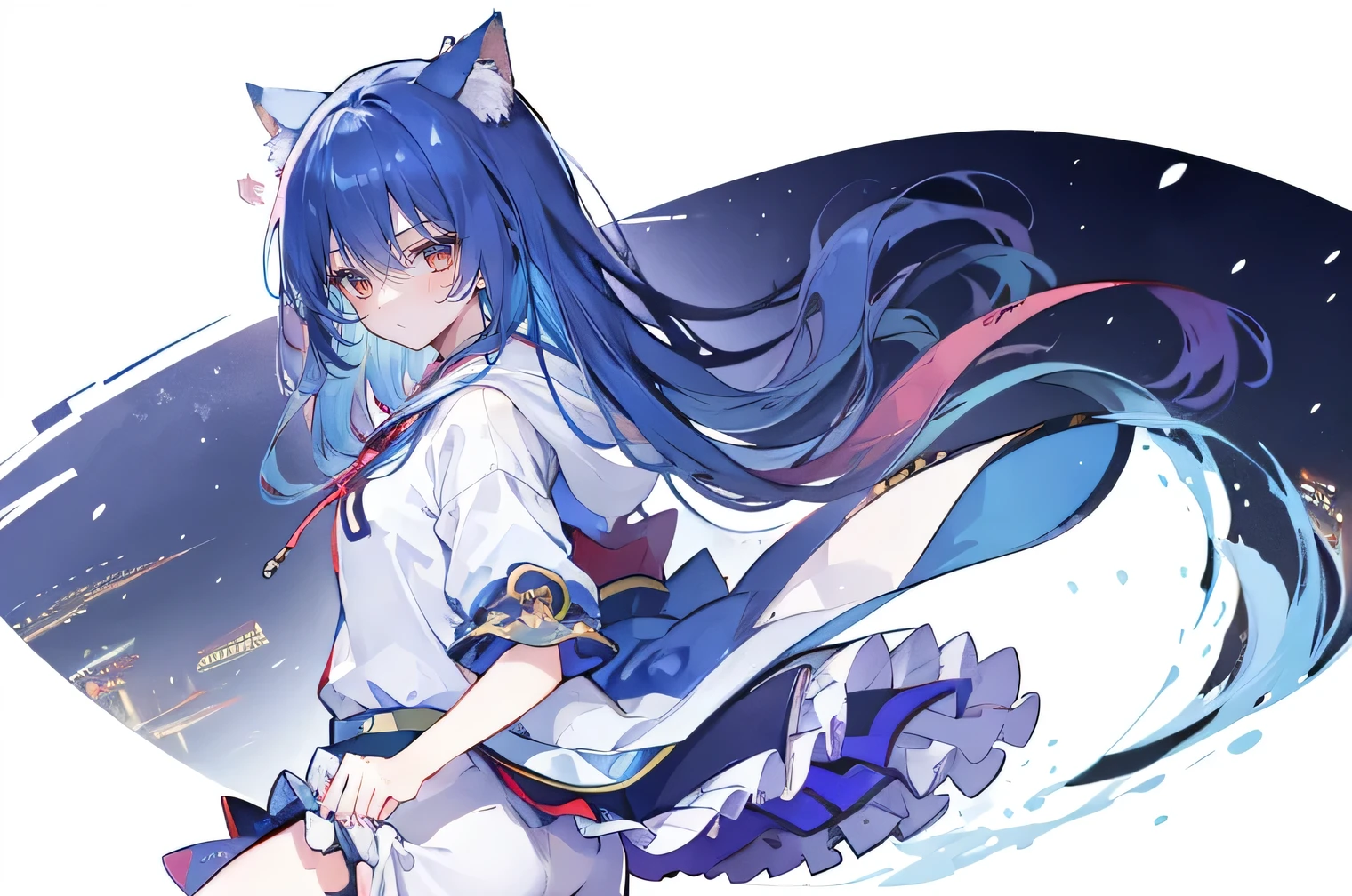 （masterpiece：1.2），Super detailed，lifelike，Expressive eyes，fair skin，perfect face shape，1 girl，
Japanese comics,Gorgeous blue hair,flowing blue hair,flowing clothes,Cat ears,Petals fall,beautiful lola,Baby Angel,
Shaking head with one hand，Cross your legs，Gentle and peaceful background，The pavilion is cool and comfortable,smile, wearing hoodie, background of tokyo,back views,snowing, winter.