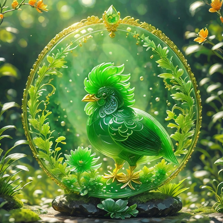 best quality, very good, 16K, ridiculous, Very detailed, beautiful chick，Made of translucent jadeite, Background grassland（（A masterpiece full of fantasy elements）））， （（best quality））， （（Intricate details））（8K）（HD）