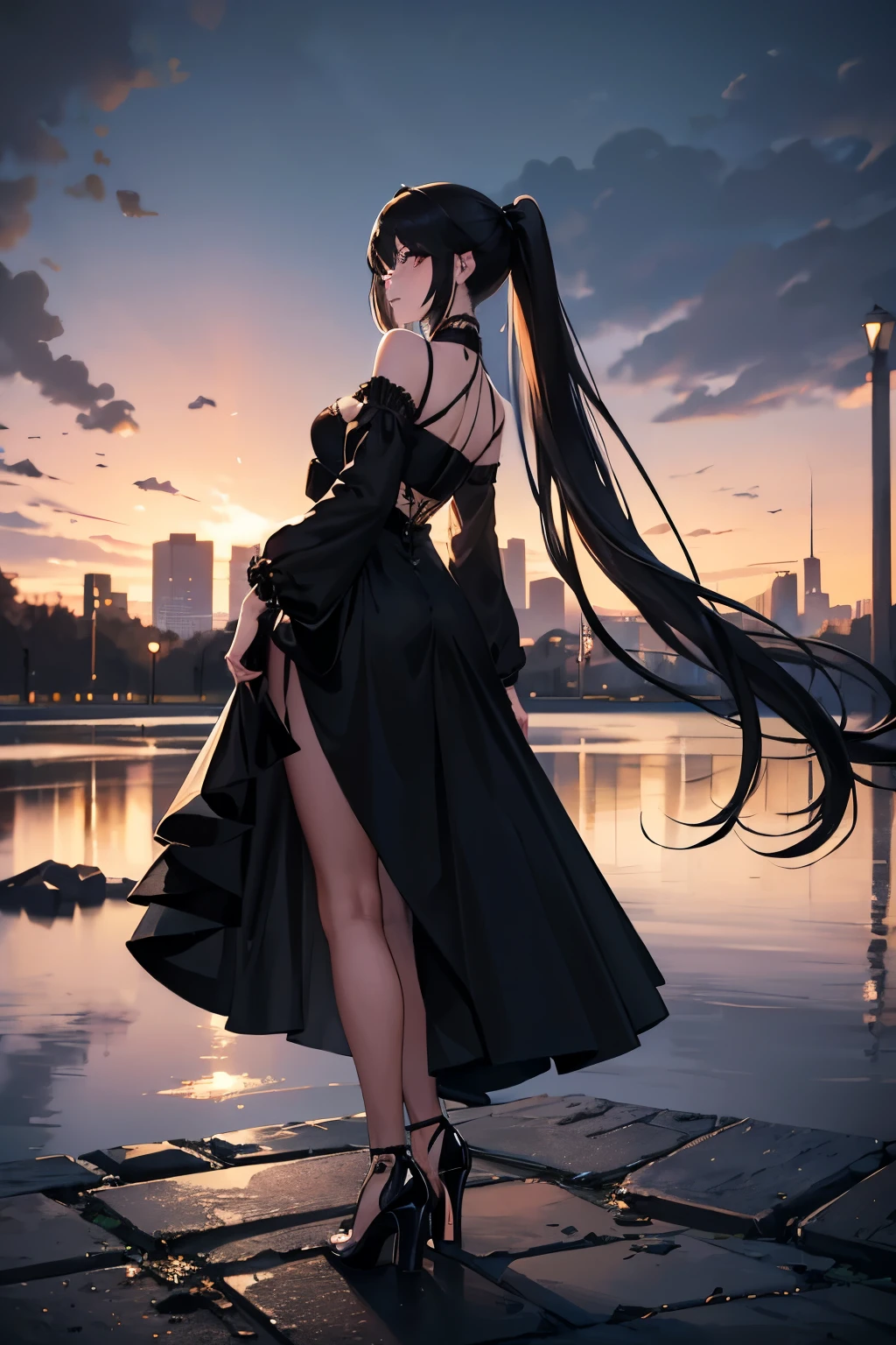 ((Super detailed,ultra high resolution,detailed background)),ancient city,dark forest at night,spooky,Chill,Inspiration,1 girl,wearing a black high-leg swimsuit、Wearing a white collared long-sleeved blouse、facing away