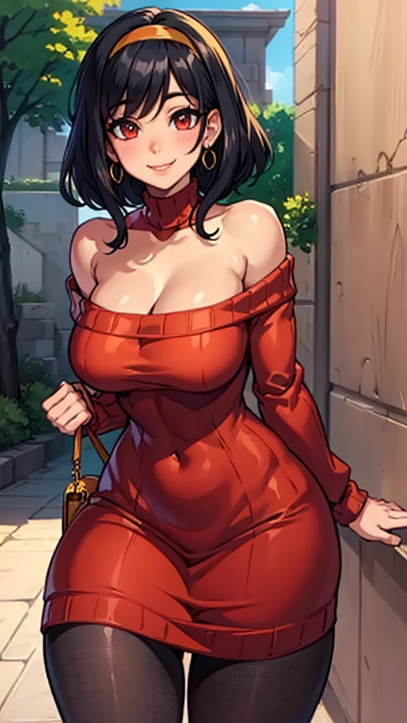 (close-up:1.2), (cute:1.3), (nervous:1.4), (head fully in frame:1.3), (beautiful face:1.5), looking at viewer, (smile:1.3), playing with own hair, closed mouth, upbeat mood, (blush:1.2), beautiful eyes, curvy, (large :1.3), (wide hips:1.1), narrow waist, (cute:1.4), adjusting clothes, rizdraws, thick lineart, (film grain:1.2), (semi-traditional artstyle:1.3),
bbyorf, (black hair:1.3), short hair with long locks, white hairband, red eyes, gold earrings, jewelry, off shoulder, red sweater, sweater dress, long sleeves, black pantyho