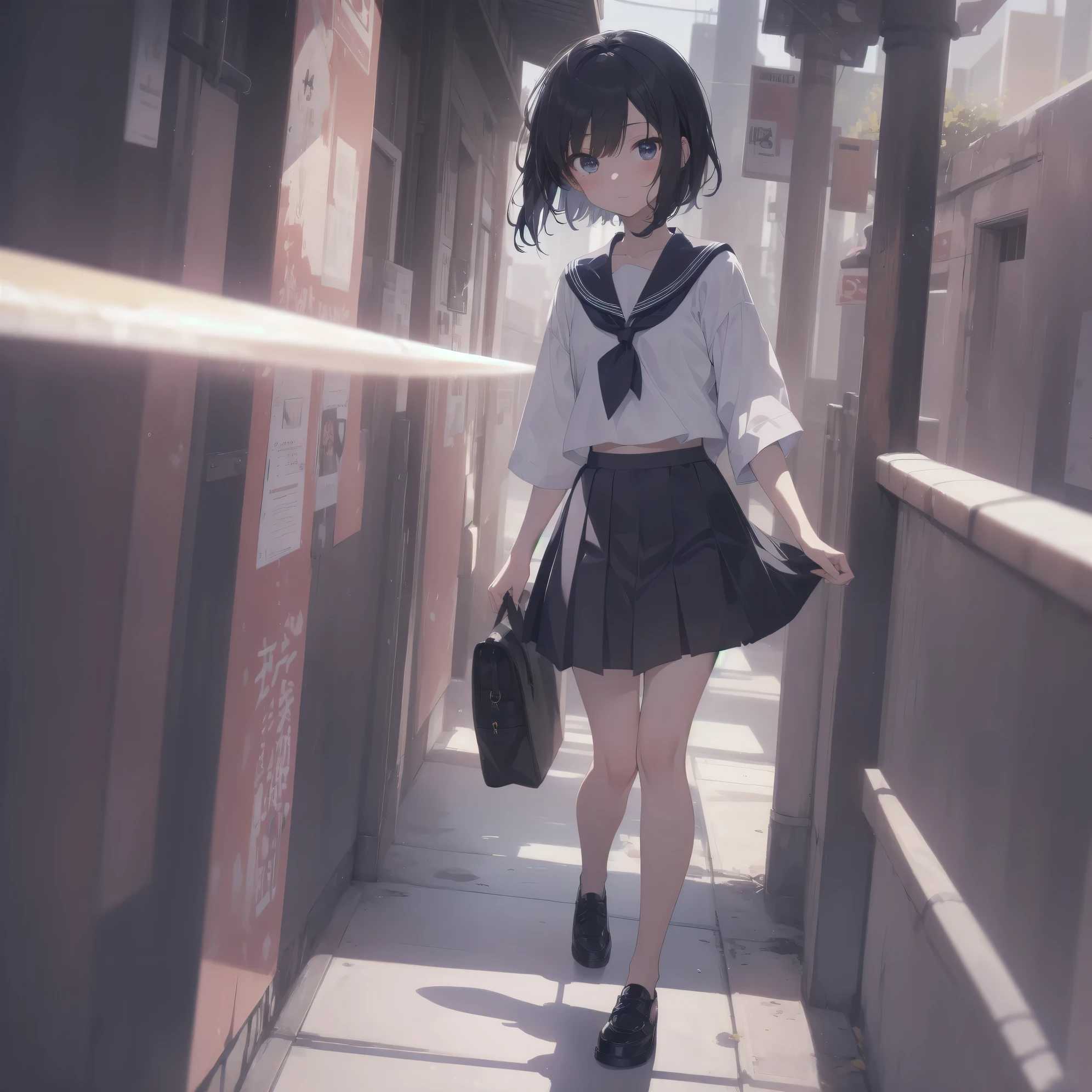 ultra-absurdres-Top quality by artist God, ultra-detailed, high resolution, anime moe artstyle, best anime 8k konachan wallpaper, pixiv contest winner, pool:2810, perfect anatomy,break, 1girl, (Please draw a girl walking sleepily to school alone. )break,(Solo,little female, 13-year-old:1.3),Full limbs, complete fingers,a junior high school student, (very short hair), short cut, flat chest, , small butt, small black eyes, beautiful detailed eyes, well-proportioned iris and pupils, expressive eyes, highres detailed hair, soft expression, salor school_uniform, sailor collar, serahuku, bow, pleated skirt,(Detailed Lighting), (Detailed background), in the School commute route. break,super detailed skin, Best cinematic lighting powered by famous artist, 8k,beauty illustration,photoshop_(medium),very aesthetic,break,((artist:minaba_hideo )), artist:clamp ,artist:carnelian ,artist:kantoku ,