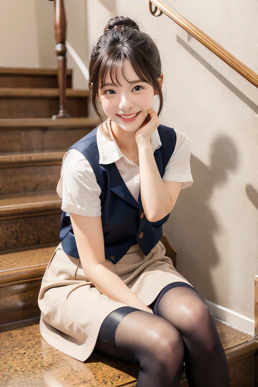 Ulzzang-6500-v1.1, (RAW Photos:1.2), (Photorealistic), (Genuine:1.4), 1girl、Perfect Anatomy、Sit on the stairs、Full body photo、Looking at the camera、Black tights、pumps、Knee-length skirt、Black Hair、smile、Checked vest vest、、