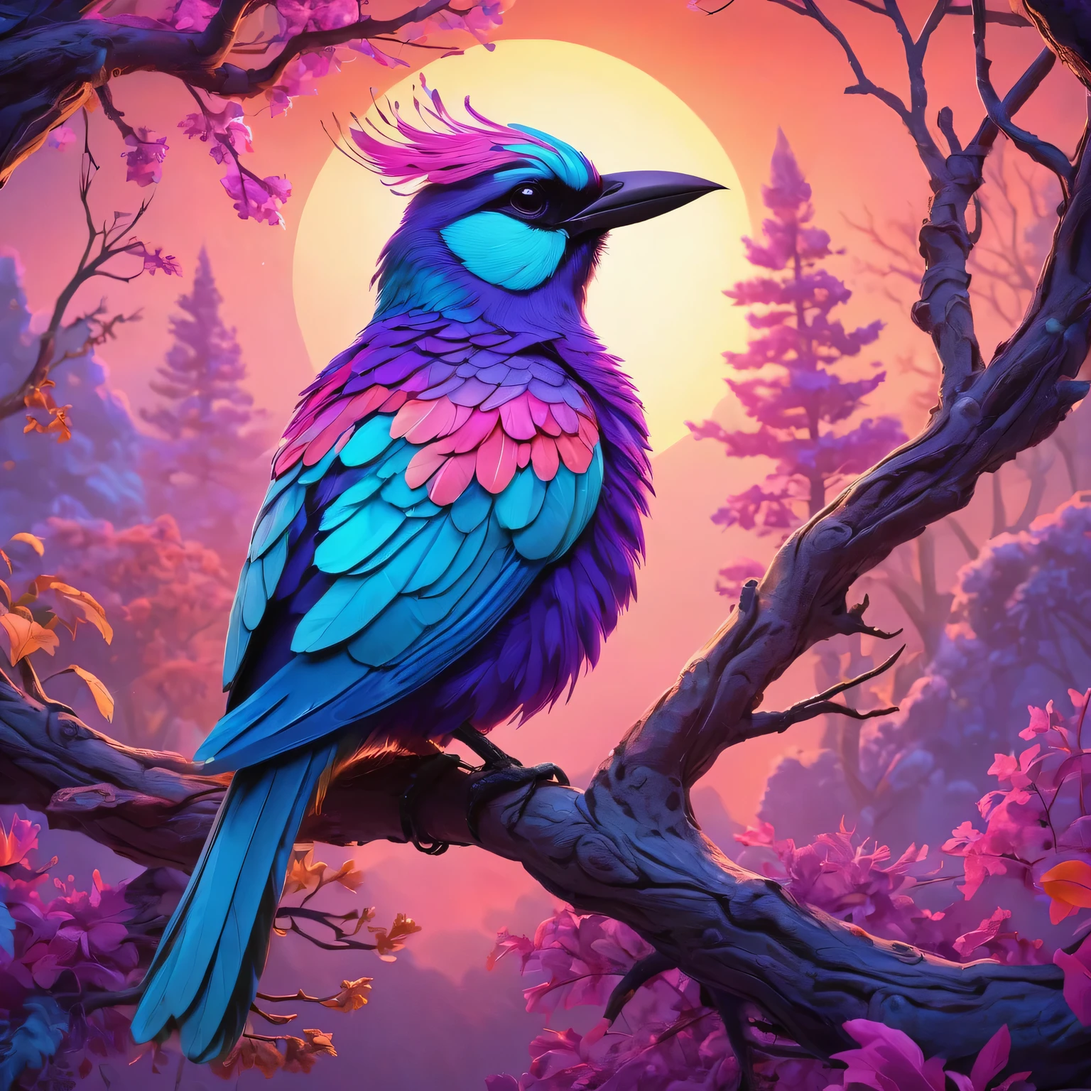 thrilling . The award-winning, professional, Very detailed, sunset animal (Vivid neon colors) , animal (Art style) (Whimsical Art) Perched on tree branches, (A ethereal bird with colorful feathers), Soft pink, purple, and soft blue,
Fantasy style, fantastic art, Bright colors, 3D Animation,