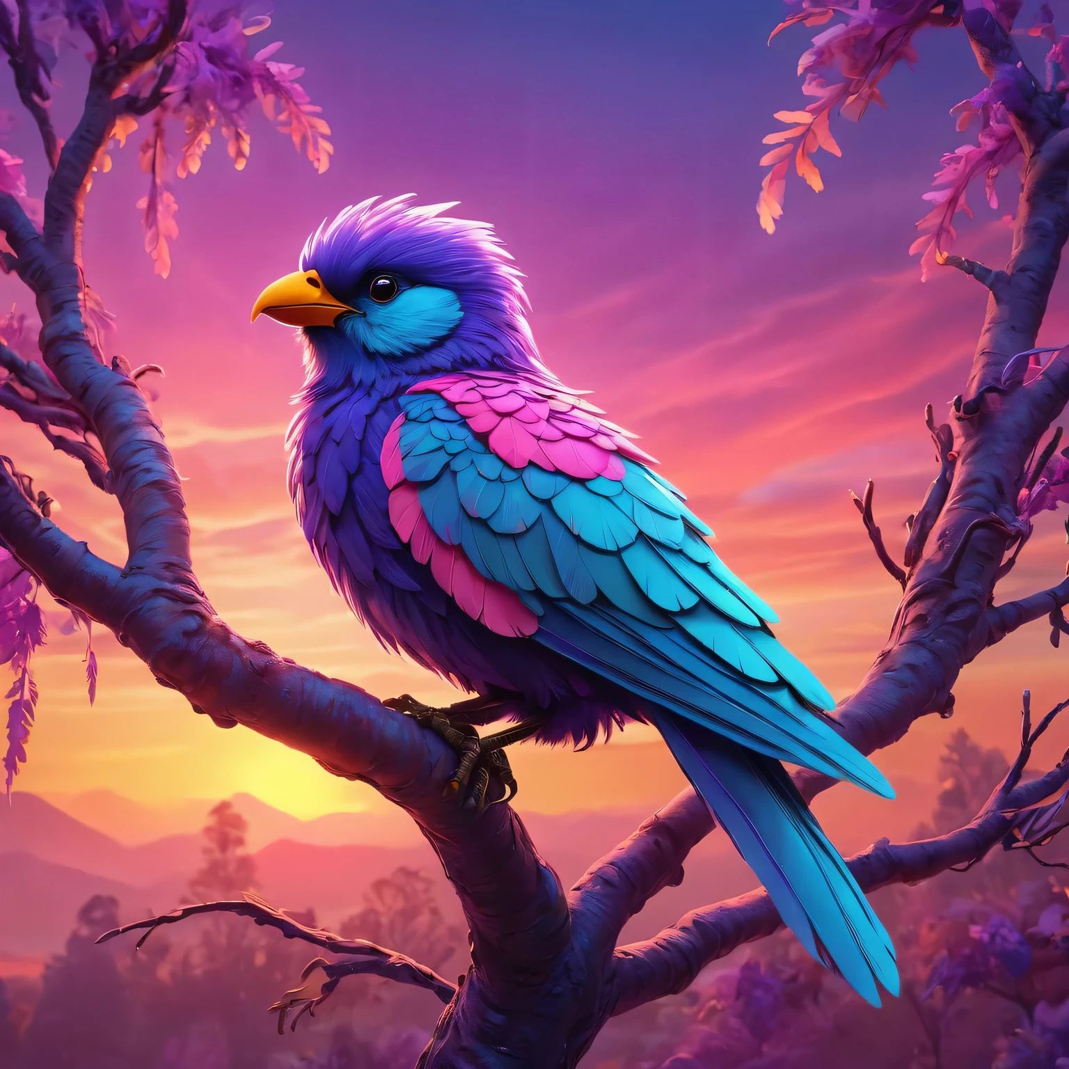 thrilling  . The award-winning, professional, Very detailed, sunset  animal   (Vivid neon colors)    , animal  (Art style)  (Whimsical Art) Perched on tree branches, (A ethereal bird with colorful feathers),  Soft pink, purple, and soft blue, 
Fantasy style, fantastic art, Bright colors, 3D Animation,