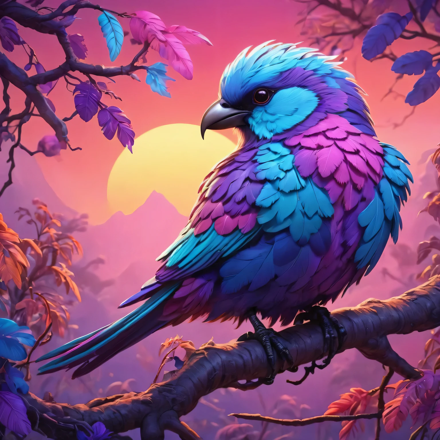 thrilling . The award-winning, professional, Very detailed, sunset animal (Vivid neon colors) , animal (Art style) (Whimsical Art) Perched on tree branches, (A ethereal bird with colorful feathers), Soft pink, purple, and soft blue,
Fantasy style, fantastic art, Bright colors, 3D Animation,