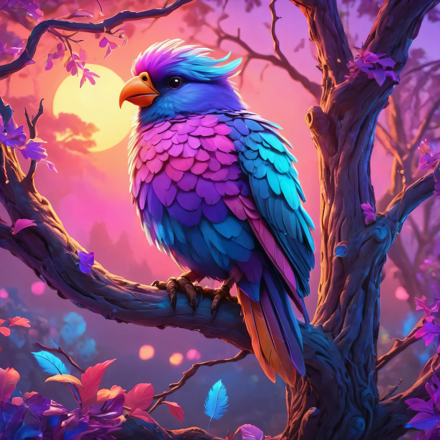 thrilling  . The award-winning, professional, Very detailed, sunset  animal   (Vivid neon colors)    , animal  (Art style)  (Whimsical Art) Perched on tree branches, (A ethereal bird with colorful feathers),  Soft pink, purple, and soft blue, 
Fantasy style, fantastic art, Bright colors, 3D Animation,