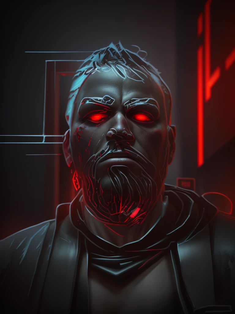 3D model Cyberpunk dark environment around. beat up face with blood over his face. Octane Render look