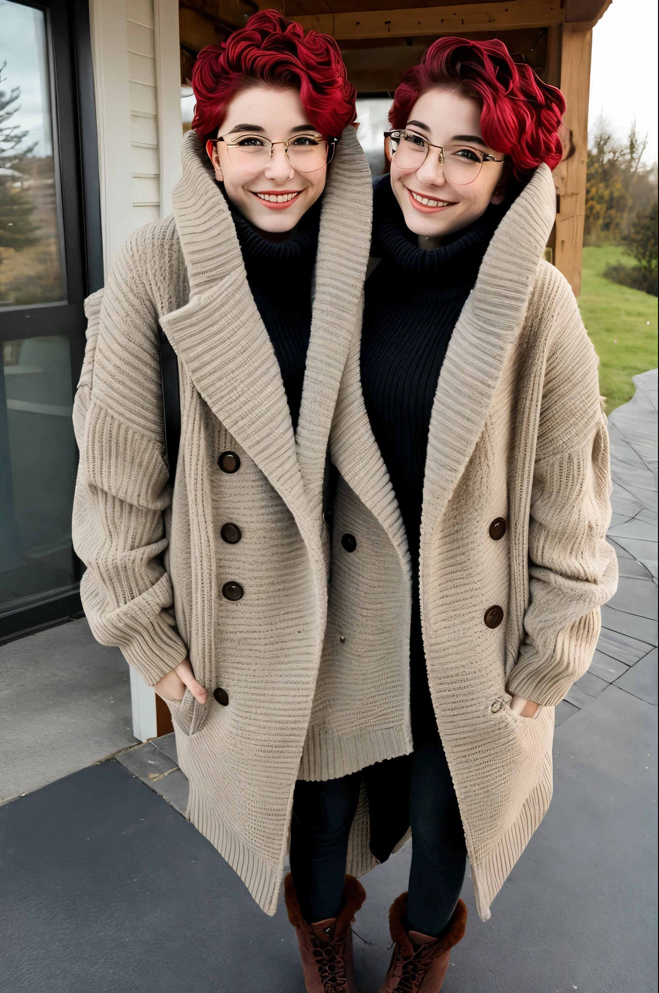 2heads, emmanoodle, upper body, woman, coat, sweater, outside, boots, smiling, full body,