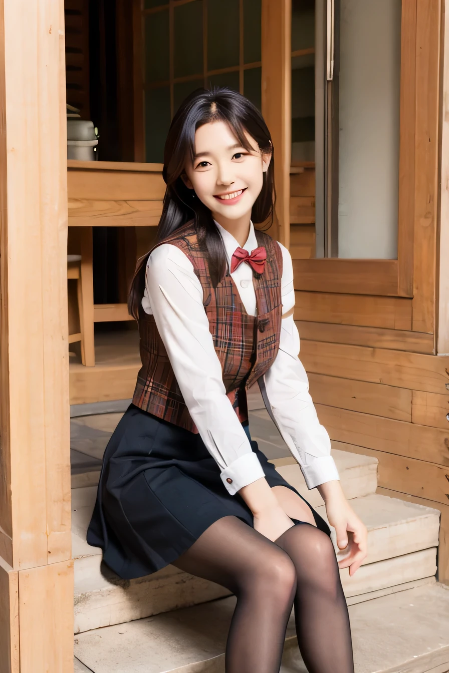 Ulzzang-6500-v1.1, (RAW Photos:1.2), (Photorealistic), (Genuine:1.4), 1girl、Perfect Anatomy、Sit on the stairs、Full body photo、Looking at the camera、Black tights、pumps、Knee-length skirt、Black Hair、smile、Checked vest vest、、