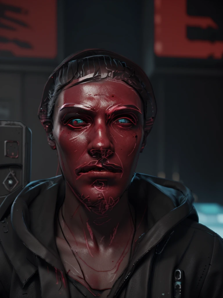 3D model Cyberpunk dark environment around. beat up face with blood over his face. Octane Render look