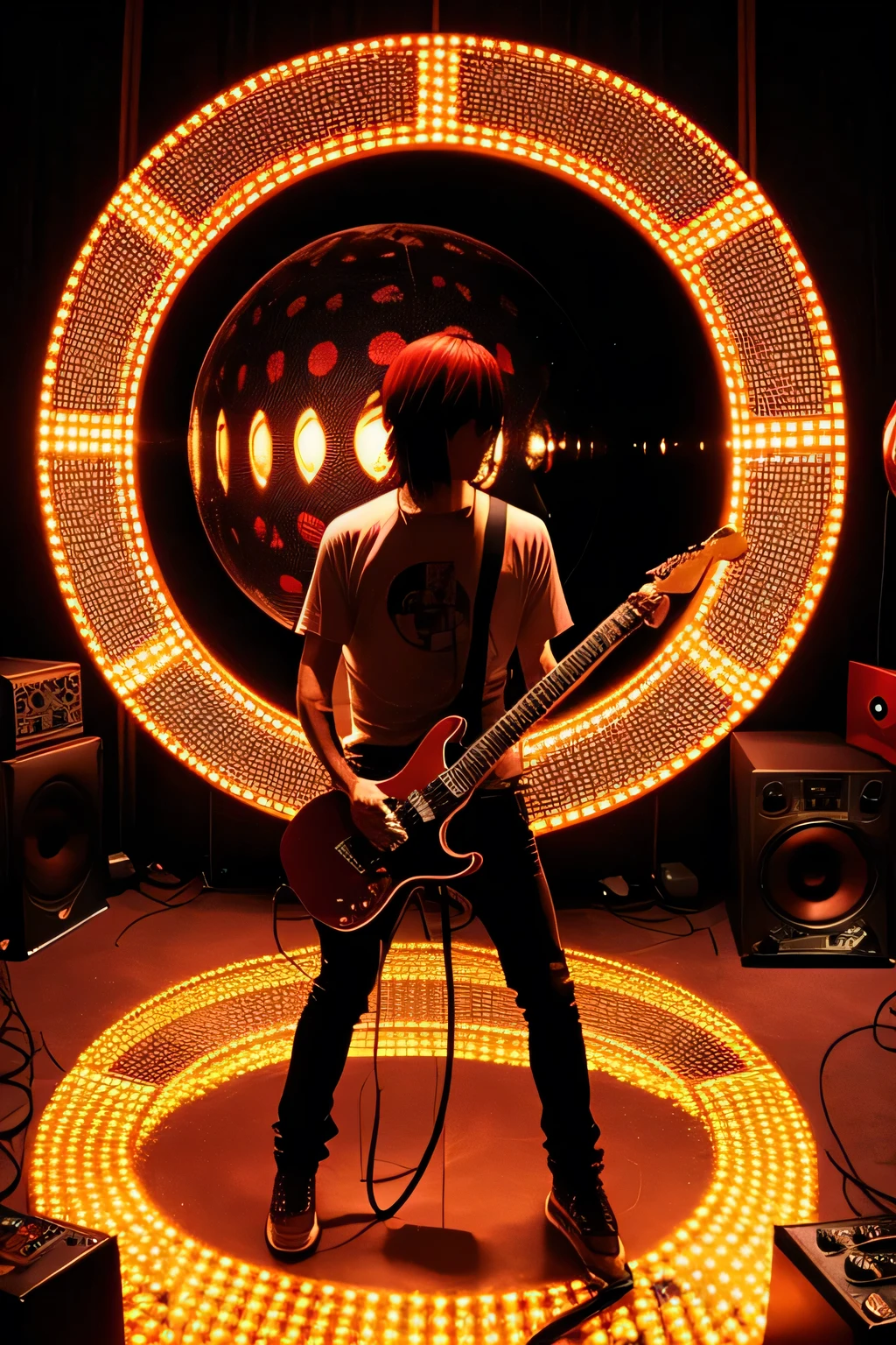 Devil Man、Playing electric guitar、Bloody、ruins、Huge speaker、Mirror ball