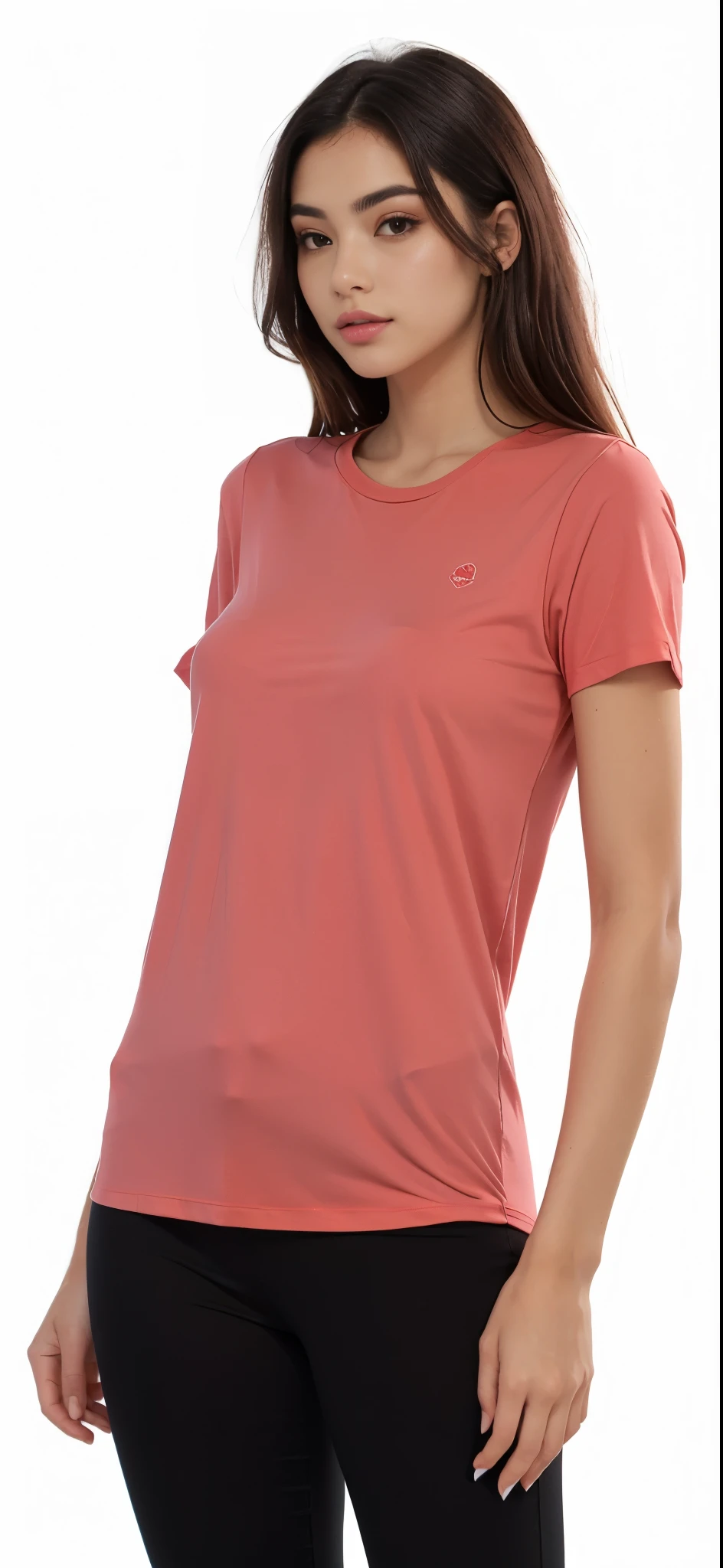 a woman wearing a rosa shirt and black pants, Manga curta, usando blusa com decote em V, coral vermelho, Camisa vermelha, rosa, vestindo uma camiseta laranja, vestindo uma camiseta, vestindo uma camiseta laranja, onyx, Chique, matiz, close da parte superior do corpo, Camiseta vermelha, rosa shirt, close da parte superior do corpo, close angle