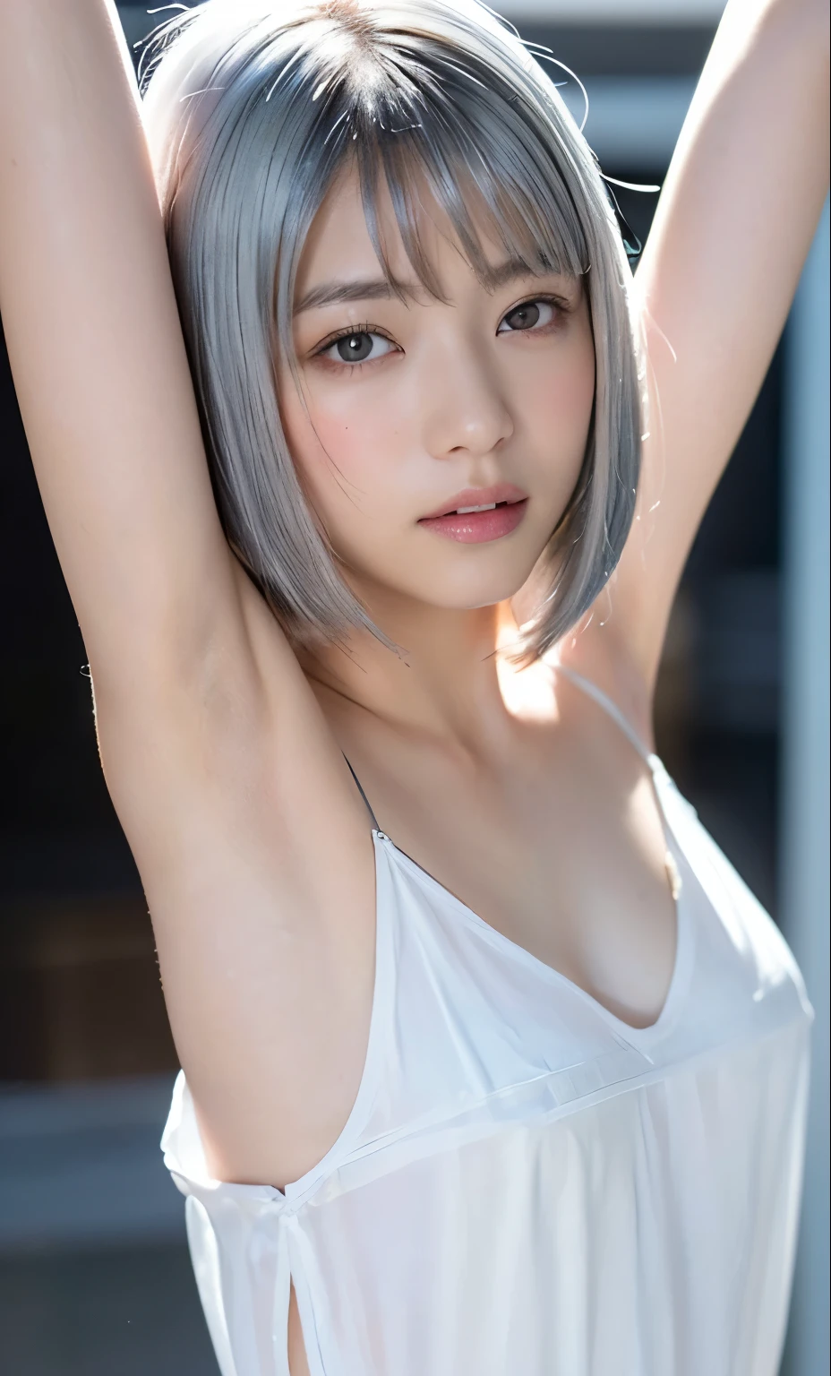 ((Exposed armpits:1.4))、((small, Flat Chest:1.5))、((Face close-up:1.6))、((Silver hair with a short bob cut:1.7))、(Transparent white camisole made of organdy material:1.5))、((Pure white, transparent clothing:1.6)、 Blue LED light, Cleavage, high tech, Ultra-high resolution, 32k, (strapless micro bikini), (detailed:1.4), Night view background, rainy street, Beautiful Face, silver hair in a bob cut, Professional Lighting, masterpiece, Very delicate and beautiful, Professional photos