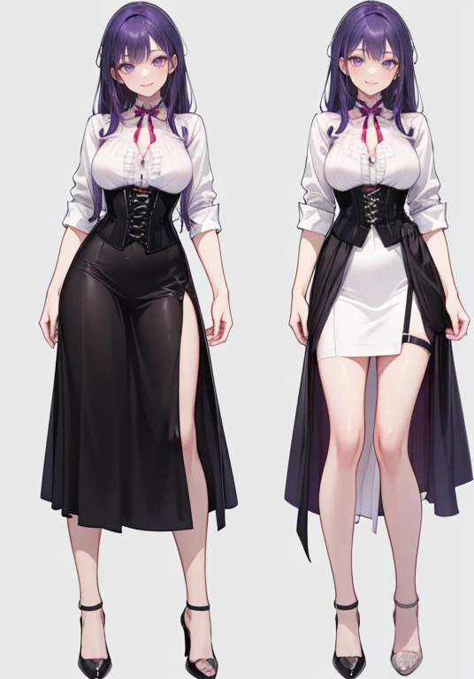 Purple hair,long hair,Adult female,Bartender,((Body harness)),((Rolling up your sleeves shirt)),(Corset),(Long skirt),(slit),High heels,((Simple background)),Smile,((Full body)),((whole body)),Character Sheet,