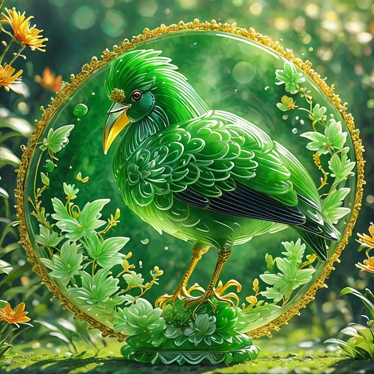 best quality, very good, 16K, ridiculous, Very detailed, Beautiful bird，Made of translucent jadeite, Background grassland（（A masterpiece full of fantasy elements）））， （（best quality））， （（Intricate details））（8K）（HD）