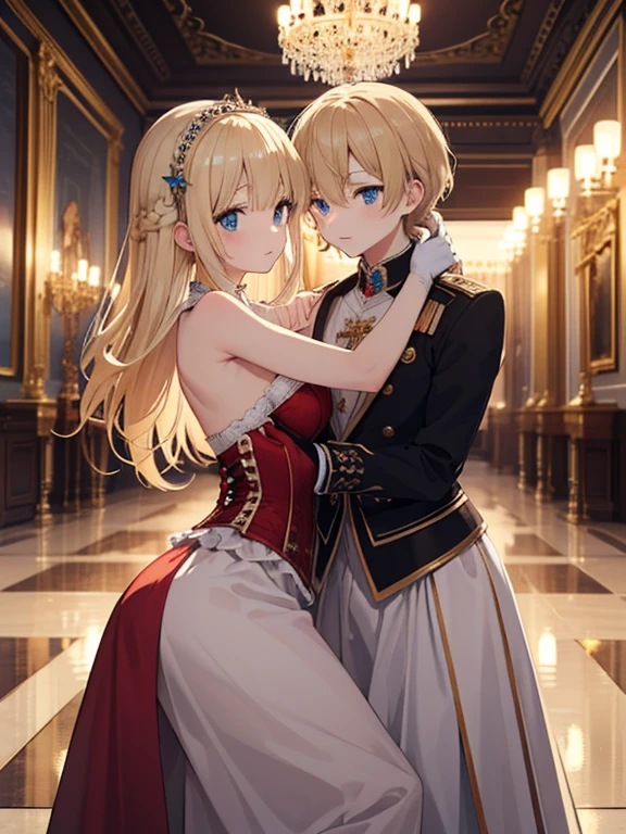 masterpiece, highest quality, Very detailed, 16k, Ultra-high resolution, Wide-angle shot, Perfect Fingers, Detailed face, blue eyes, Blonde, Braid, Long Hair, Red gorgeous dress, corset, Long Skirt, Drawers, White long gloves, royal palace, Dance Venues, Evening Party, chandelier, The nobles dancing