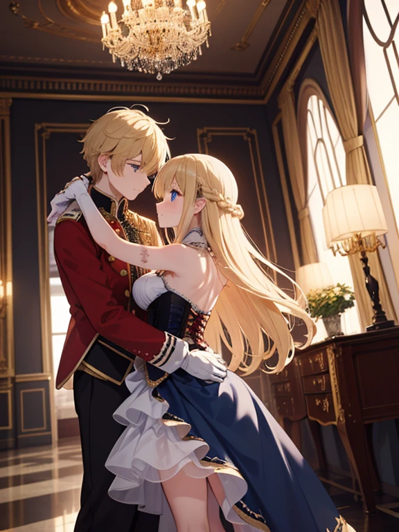 masterpiece, highest quality, Very detailed, 16k, Ultra-high resolution, Wide-angle shot, Perfect Fingers, Detailed face, blue eyes, Blonde, Braid, Long Hair, Red gorgeous dress, corset, Long Skirt, Drawers, White long gloves, royal palace, Dance Venues, Evening Party, chandelier, The nobles dancing