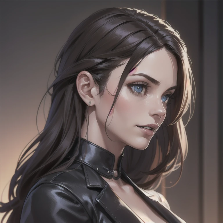 (highly detailed:1.2),(best quality:1.2),(8k:1.2), (((1woman))), dark theme, sharp focus,(subsurface scattering:1.1),award-winning photography, profile (modern horror vampire: 1.2), centered face, Kate Beckinsale's face, open smile, vampire fangs on display, blue eyes with supernatural glow, ((half-body shot:1.1)), ((businesswoman in a modern boardroom: 1.3)), ((long dark brown hair: 1.1)), ( high-brand social clothing:1.3), (very detailed background:1.2),(punk-gothic modern horror:1.0), (knollingcase:1.0),(dreamlikeart:1.1), dramatic lighting