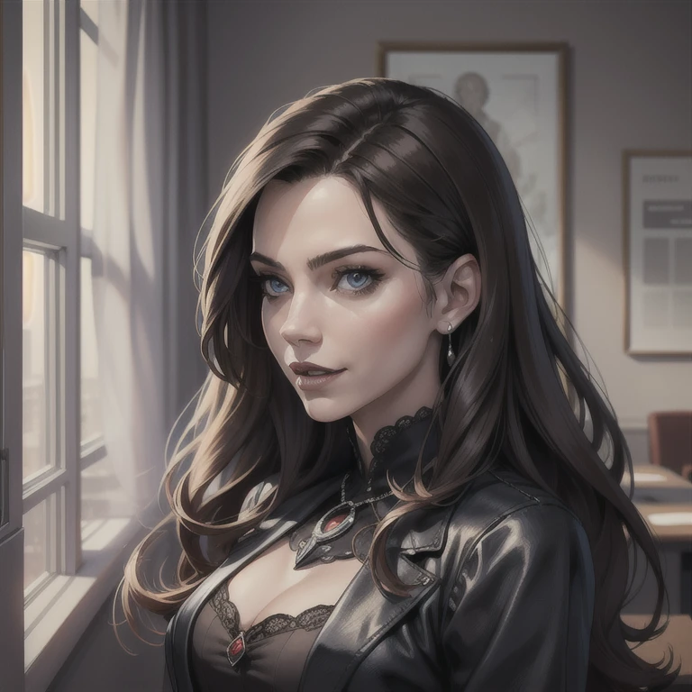 (highly detailed:1.2),(best quality:1.2),(8k:1.2), (((1woman))), dark theme, sharp focus,(subsurface scattering:1.1),award-winning photography, profile (modern horror vampire: 1.2), centered face, Kate Beckinsale's face, open smile, vampire fangs on display, blue eyes with supernatural glow, ((half-body shot:1.1)), ((businesswoman in a modern boardroom: 1.3)), ((long dark brown hair: 1.1)), ( high-brand social clothing:1.3), (very detailed background:1.2),(punk-gothic modern horror:1.0), (knollingcase:1.0),(dreamlikeart:1.1), dramatic lighting