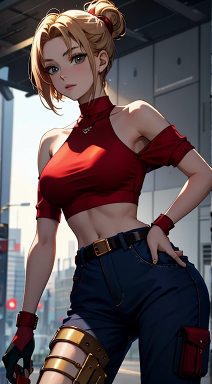 tmasterpiece,, Best quality at best, A high resolution, 1girll,Off-the-shoulder attire,, with short golden hair,Red clotheary,hason, Crop top, (Large breasts1.2), nabel,Fighting posture,cyber punk perssonage,City streets