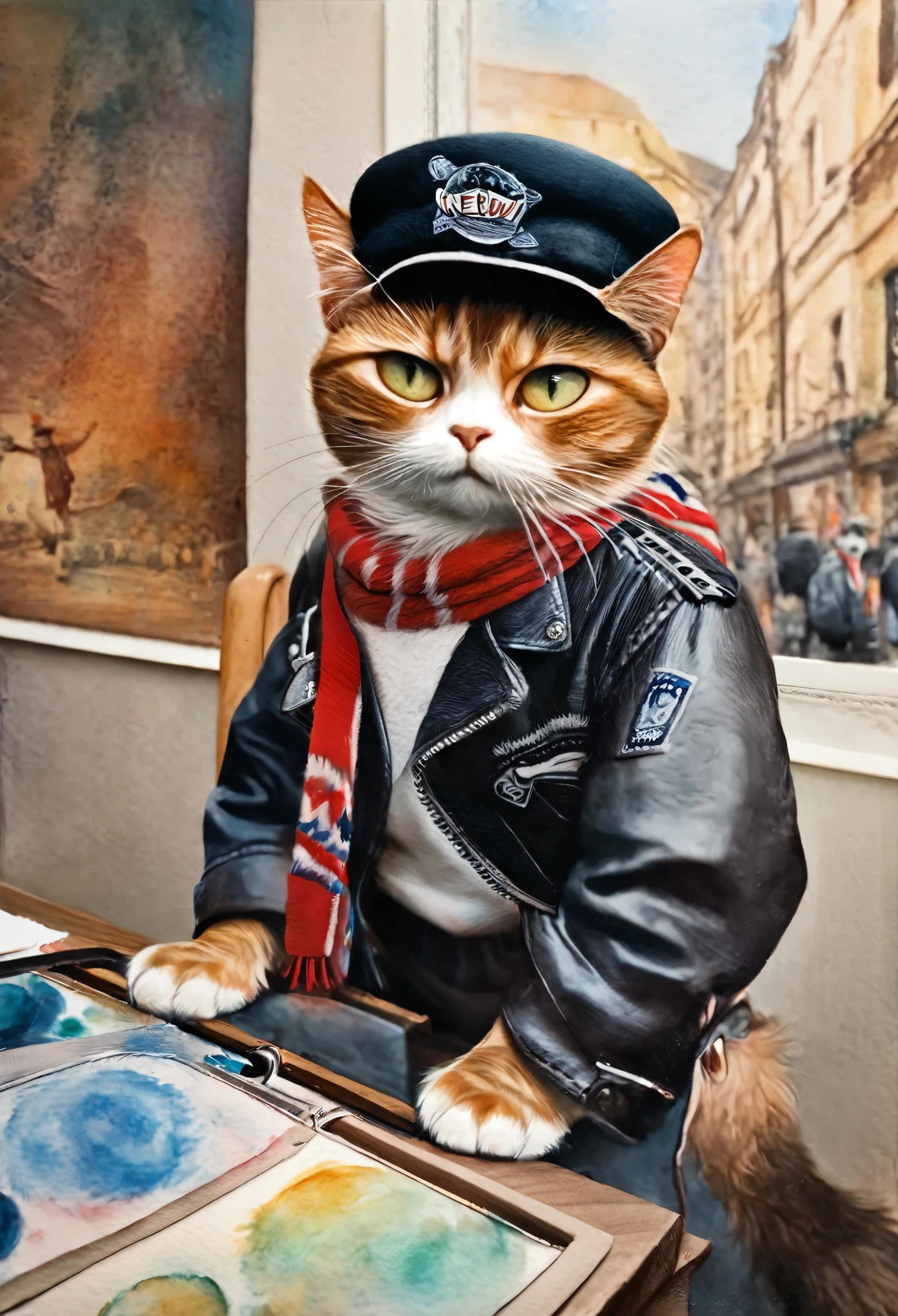 watercolor, soft color, Vintage images, highres, unparalleled masterpiece, absurdres, a painting of a cat wearing a hat and scarf, trending in the art station, dressed in punk clothes, detailed hyper realistic rendering, british gang member, street style, intimidating pose, planet of the cats, clothes with fashion, urban samurai, meow, west slavic features,