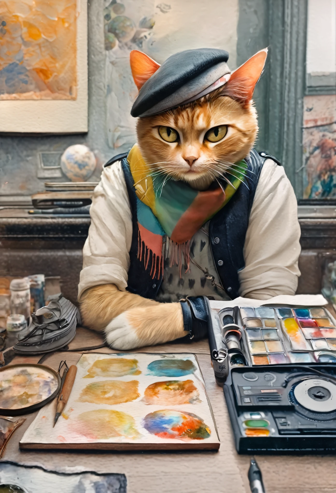 watercolor, soft color, Vintage images, highres, unparalleled masterpiece, absurdres, a painting of a cat wearing a hat and scarf, trending in the art station, dressed in punk clothes, detailed hyper realistic rendering, british gang member, street style, intimidating pose, planet of the cats, clothes with fashion, urban samurai, meow, west slavic features,