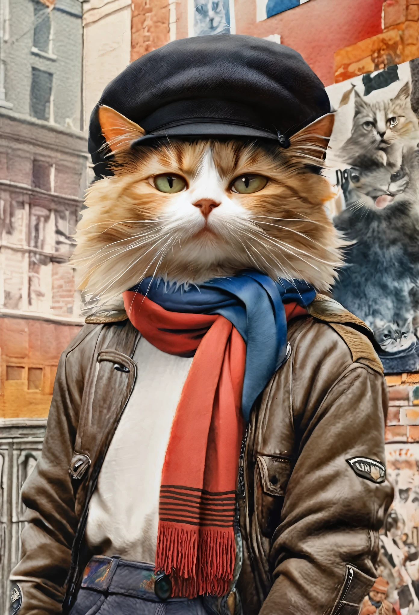 watercolor, soft color, Vintage images, highres, unparalleled masterpiece, absurdres, a painting of a cat wearing a hat and scarf, trending in the art station, dressed in punk clothes, detailed hyper realistic rendering, british gang member, street style, intimidating pose, planet of the cats, clothes with fashion, urban samurai, meow, west slavic features,