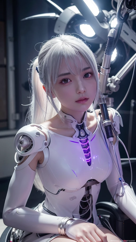 Top Quality, Masterpiece, Ultra High Resolution, (Photorealistic: 1.4), Raw Photo, 1 Girl, White Hair, Glossy Skin, 1 Mechanical Girl, (Ultra Realistic Details)), Portrait, Global Illumination, Shadows, Octane Rendering, 8K, Ultra Sharp, Big, Cleavage Exposed Raw Skin, Metal, Intricate Ornament Details, Cold Color, Egyptian details, very intricate details, realistic light, CGSoation trend, purple eyes, glowing eyes, facing the camera, neon details, mechanical limbs, blood vessels connected to tubes, mechanical vertebrae attached to the back, mechanical cervical attachment to the neck, sitting, wires and cables connecting to the head, evangelion, small LED lamp,