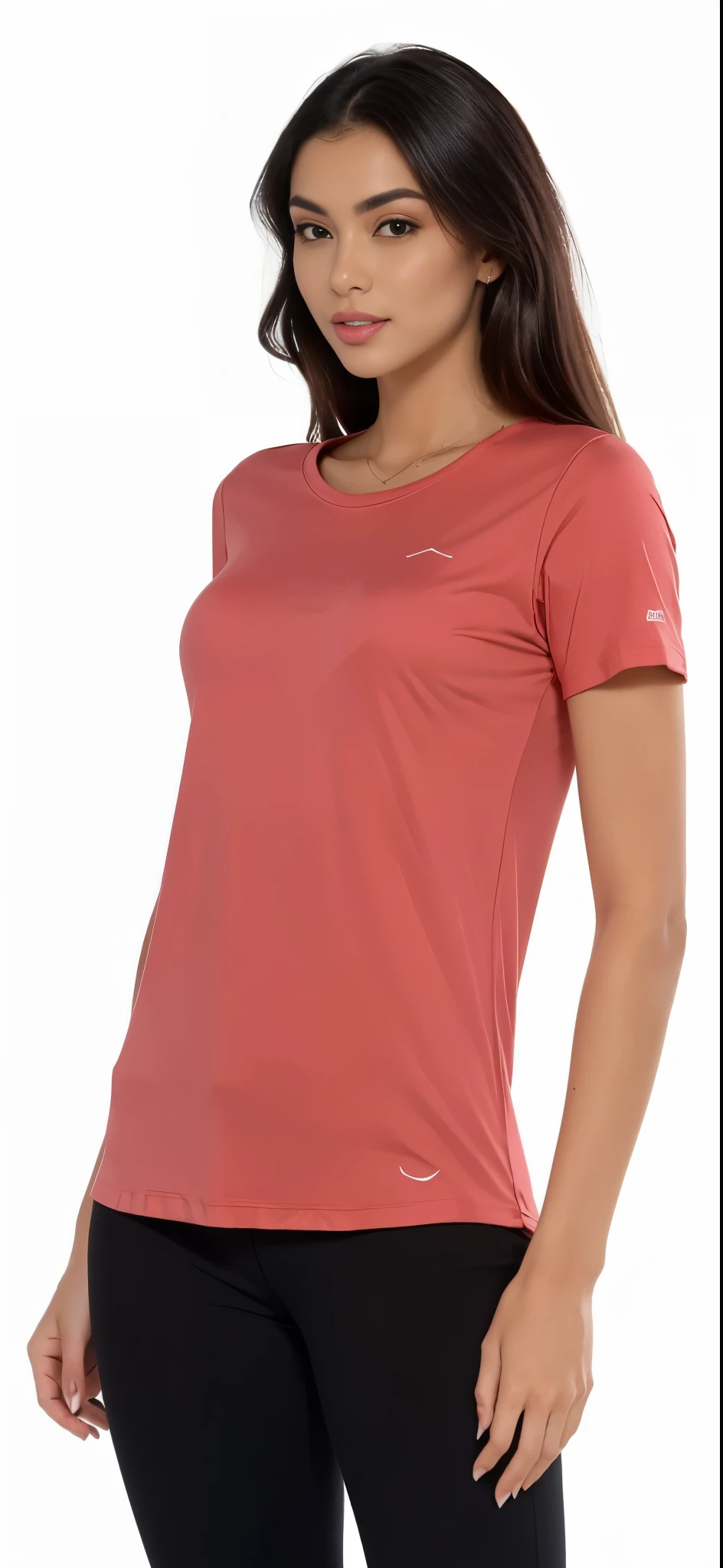 a woman wearing a rosa shirt and black pants, Manga curta, usando blusa com decote em V, coral vermelho, Camisa vermelha, rosa, vestindo uma camiseta laranja, vestindo uma camiseta, vestindo uma camiseta laranja, onyx, Chique, matiz, close da parte superior do corpo, Camiseta vermelha, rosa shirt, close da parte superior do corpo, close angle
