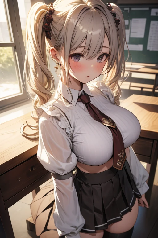 ((masterpiece,intricate details)),realistic, photorealistic,1girl,mature female,brown eyes,blush,
Voluminous afro,,silver hair,
:o,
large breasts,
thick thighs,
put one's legs together:1.2,
,
necktie,
pleated skirt,
white legwear,
wedge heels,
,rainforest,cumulonimbus,((upper body)),
from above,
depth of field,looking at viewer, Table, Beautiful woman, , Japanese, Underbust, piercings, Clipping-fc, Bright blonde hair, Curly pigtails, classroom, uniform, big breast