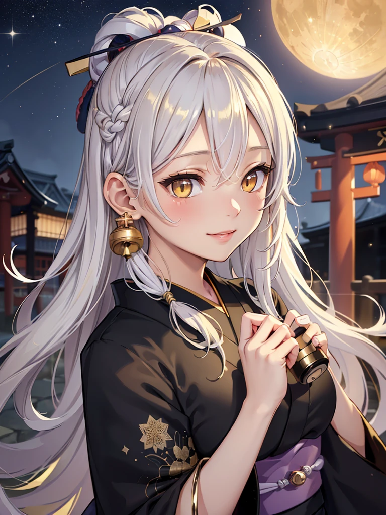 masterpiece、highest quality、High resolution、high quality images、8K, 1 female、skin luster、skin texture、Expression of fine eyes、Girl with long braided hair, realism, Detailed manga style, manga art style, perfect line drawing, beautiful line drawing, digital manga art girl,
(beautiful golden eyes:1.5), Clear, beautiful eyes、plump lips, Detailed gorgeous face, (cute smile), charm, Front view, (perfectly detailed face), (fine hands) 、(Five fingers:1.3)、photorealistic images, Depth of written boundary, face forward , night sky , night view ,beautiful starry sky , romanticism、(Taisho Era、japanese black and golden kimono:1.5)、(large breasts:1.35)、blush、(white Hair:1.3)、Gorgeous blue sparkling earrings、Gorgeous gold bracelet、Gorgeous gold anklets、(oblong face:1.5)、(Sparkling Glitter:1.2)、Bangs between the eyes、(portrait:1.6)
Graceful、Kyoto street、Moon Night,The beautiful old town of Kyoto、(Hands should be hidden behind the body:1.4)、Hairpin:1.3、(holding 重たい dumbbells in your hands:1.5)