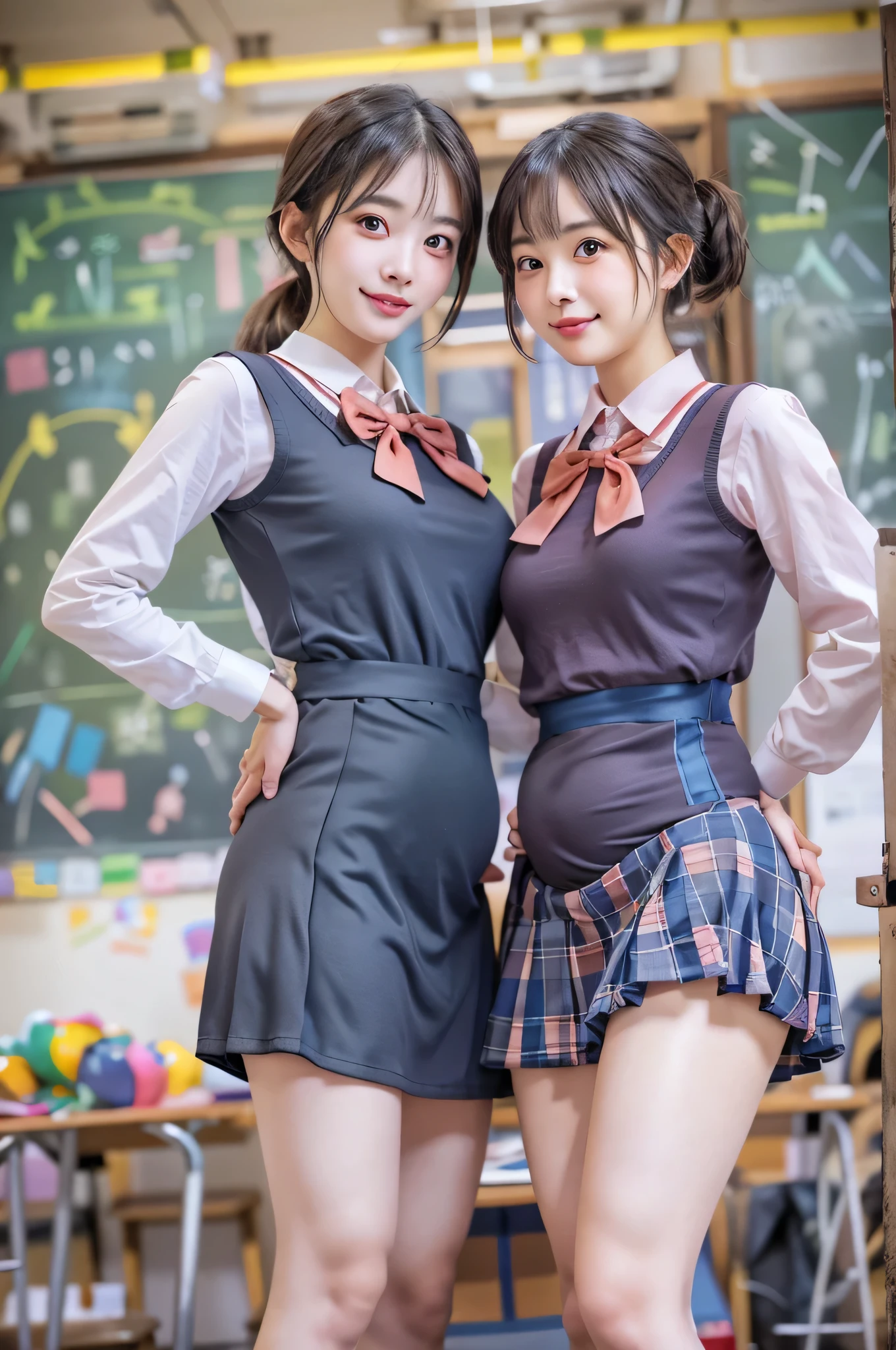 Girls standing in a school classroom,Jumper dress style with flared skirt,Red bow tie,18-year-old,bangs,Smile a little,Thighs,knees,Shortcuts,Low Ponytail,From below、Are pregnant、Salmon pink hair、Pregnant women