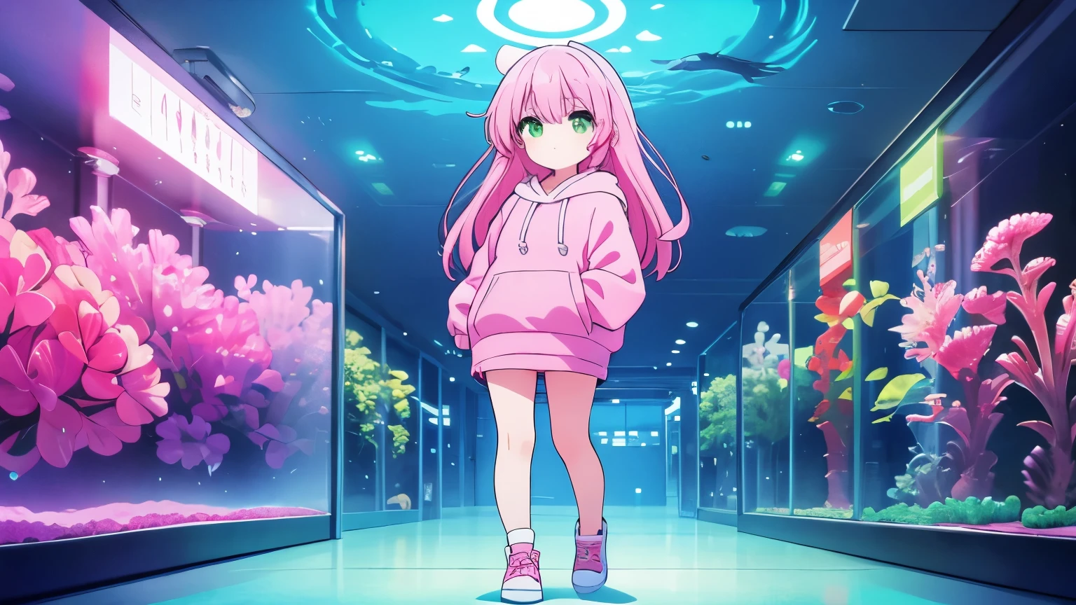 A girl with long pink hair and green eyes wearing a pink hoodie, Cyber World,Aquarium,jellyfish ,full body