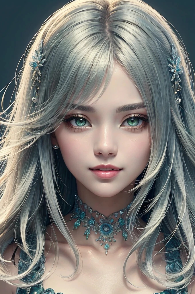 (masterpiece、highest quality、highest quality、Official Art、aesthetics:1.2)、(1 Girl:1.3)、(Fractal Art:1.3)、Beautiful neon green eyes、Beautiful Skin、Archaic Smile、Medium length hair with silver tassels、ultra precise detailed