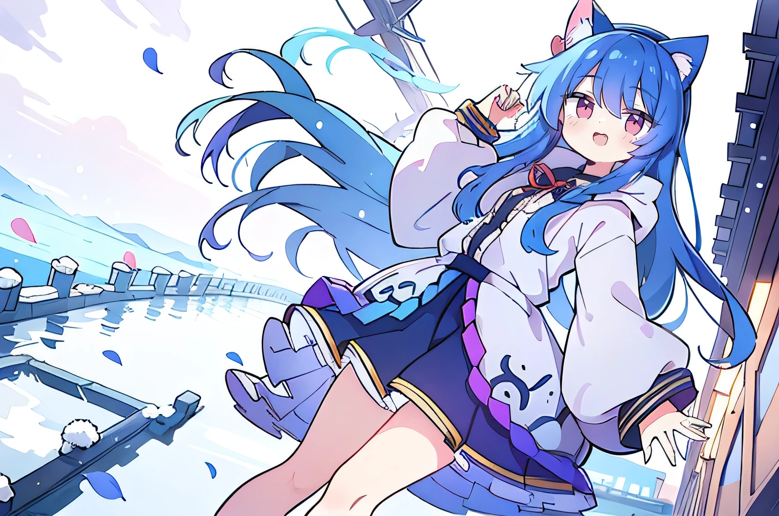 （masterpiece：1.2），Super detailed，lifelike，Expressive eyes，fair skin，perfect face shape，1 girl，
Japanese comics,Gorgeous blue hair,flowing blue hair,flowing clothes,Cat ears,Petals fall,beautiful lola,Baby Angel,
Shaking head with one hand，Cross your legs，Gentle and peaceful background，The pavilion is cool and comfortable,smile, wearing hoodie, background of tokyo,back views,snowing, winter.